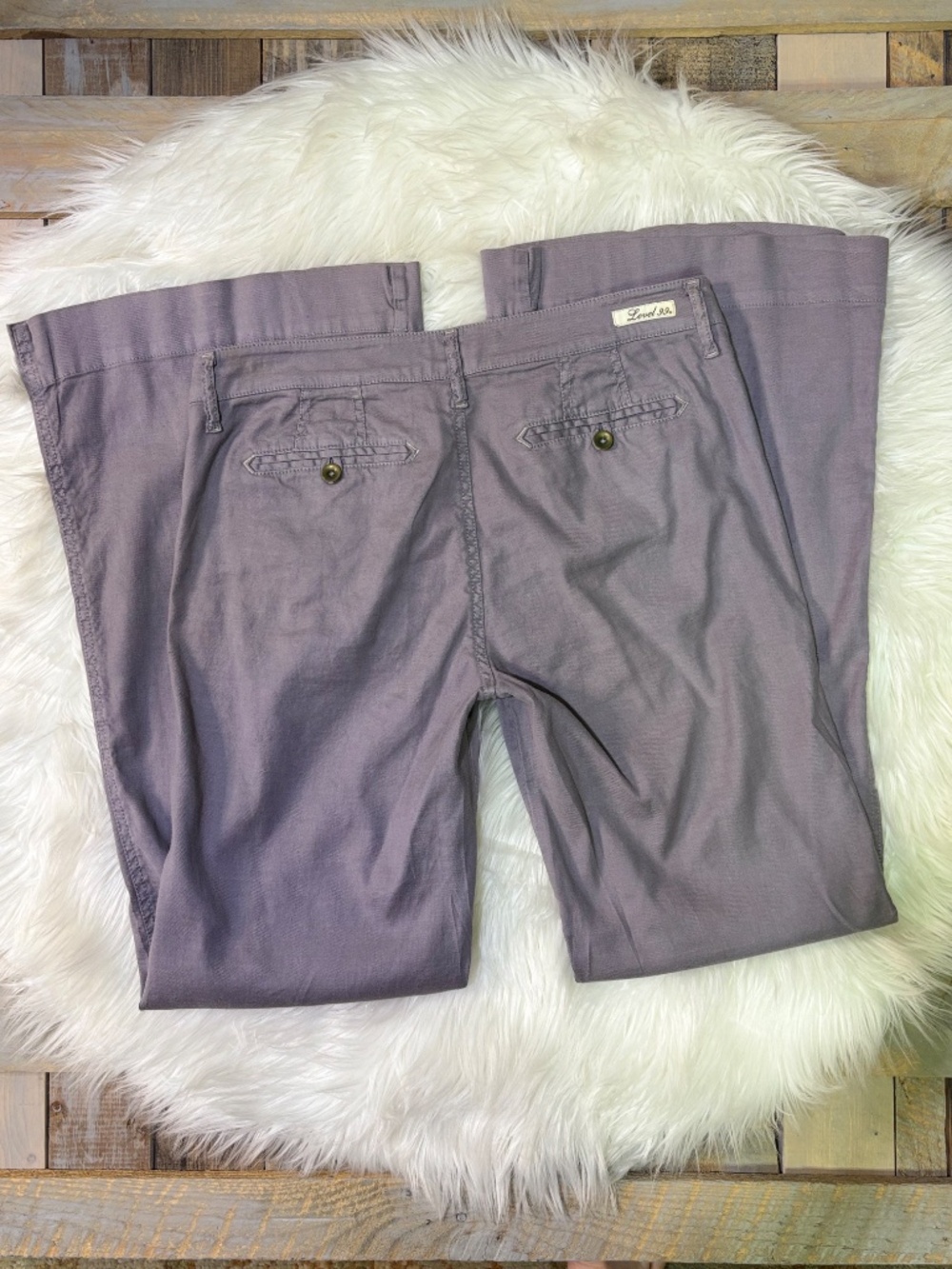 EUC {Level 99 · Anthro} Linen! Purple Gray Low Rise Wide Flare Leg Pants | 30 - Picture 4 of 12